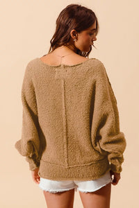 Loose Fit Exposed Seam Slouchy Boucle Sweater, Taupe