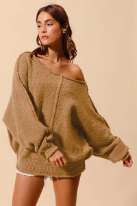 Loose Fit Exposed Seam Slouchy Boucle Sweater, Taupe