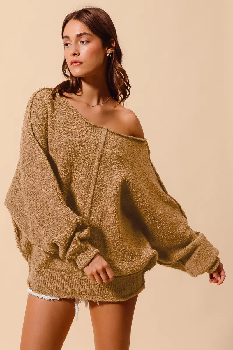 Loose Fit Exposed Seam Slouchy Boucle Sweater, Taupe