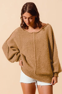 Loose Fit Exposed Seam Slouchy Boucle Sweater, Taupe