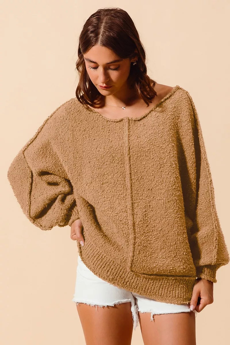 Loose Fit Exposed Seam Slouchy Boucle Sweater, Taupe