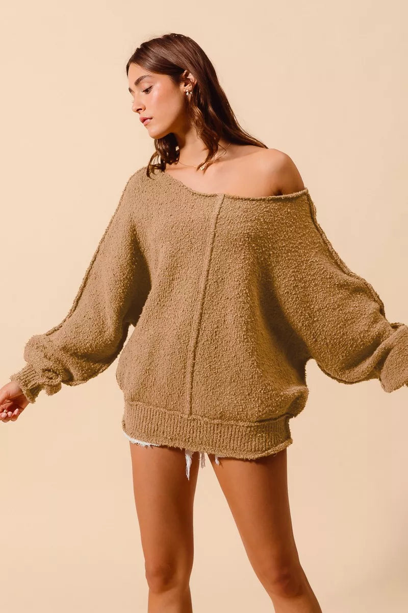 Loose Fit Exposed Seam Slouchy Boucle Sweater, Taupe