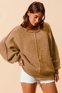 Loose Fit Exposed Seam Slouchy Boucle Sweater, Taupe