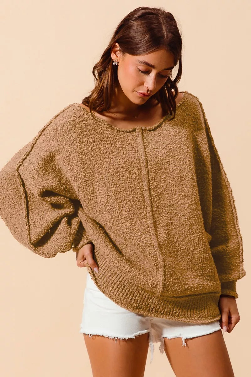 Loose Fit Exposed Seam Slouchy Boucle Sweater, Taupe