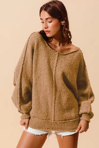Loose Fit Exposed Seam Slouchy Boucle Sweater, Taupe
