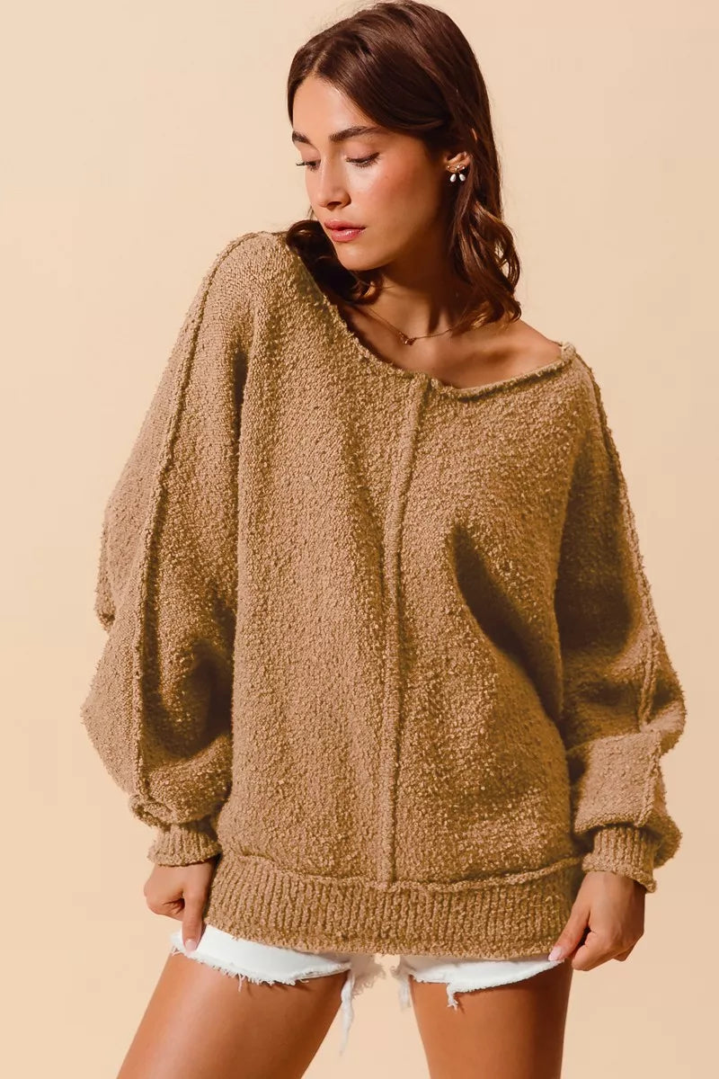 Loose Fit Exposed Seam Slouchy Boucle Sweater, Taupe