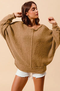 Loose Fit Exposed Seam Slouchy Boucle Sweater, Taupe