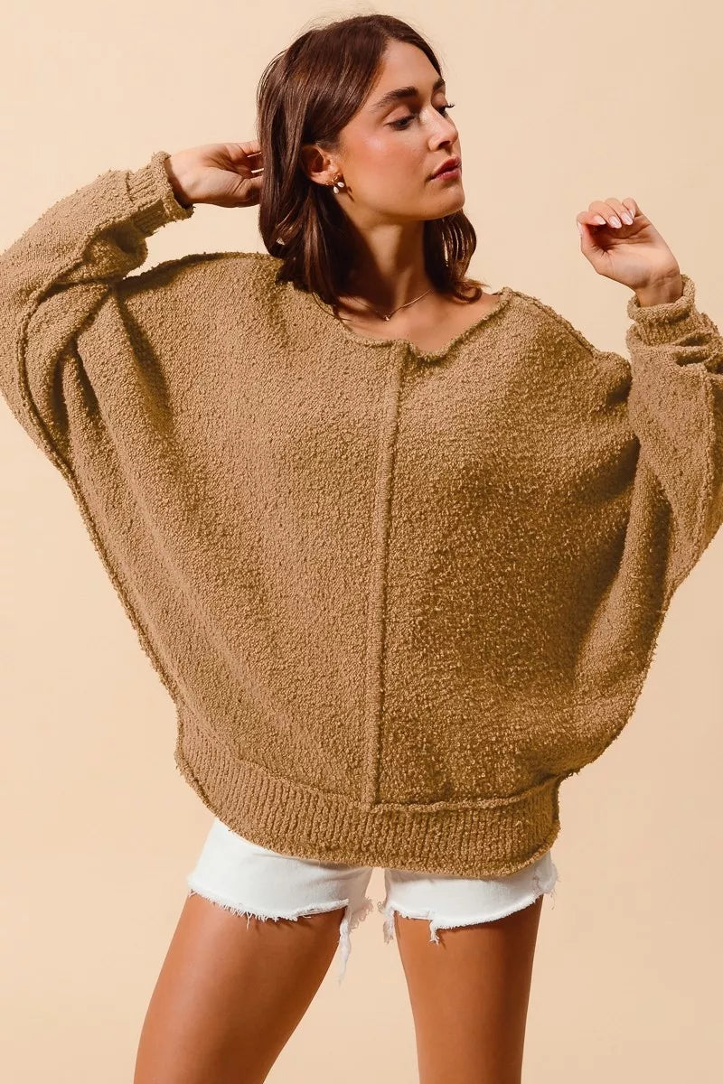 Loose Fit Exposed Seam Slouchy Boucle Sweater, Taupe