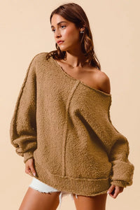 Loose Fit Exposed Seam Slouchy Boucle Sweater, Taupe