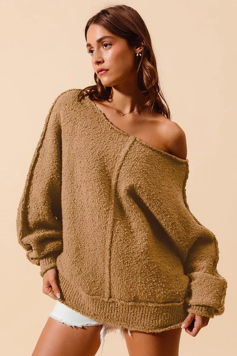 Loose Fit Exposed Seam Slouchy Boucle Sweater, Taupe