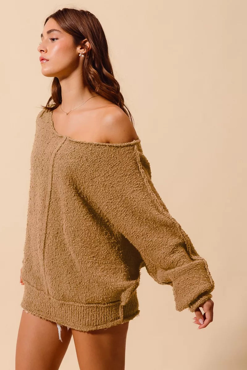 Loose Fit Exposed Seam Slouchy Boucle Sweater, Taupe