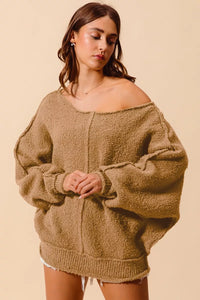 Loose Fit Exposed Seam Slouchy Boucle Sweater, Taupe