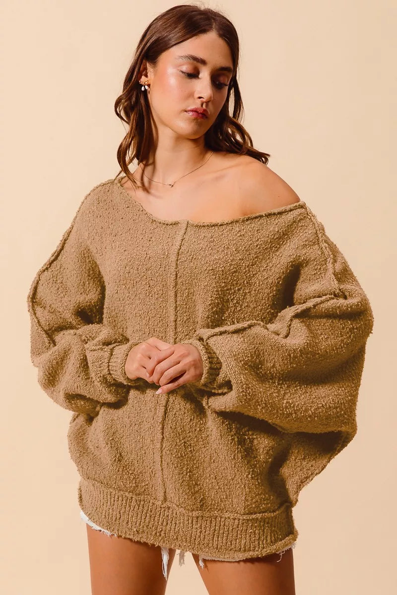 Loose Fit Exposed Seam Slouchy Boucle Sweater, Taupe
