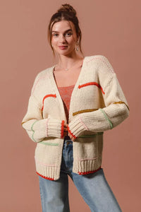 Loose Fit Multi Stripe Open Front Cardigan