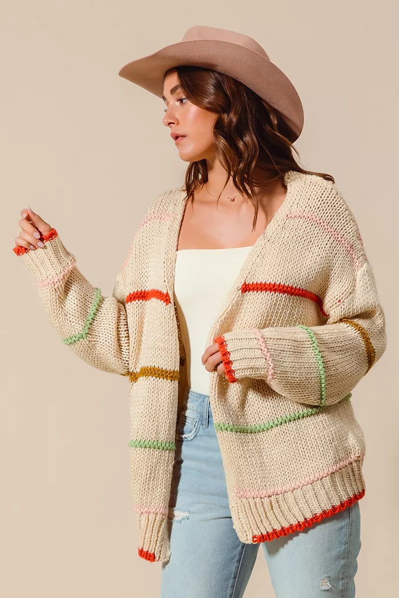 Loose Fit Multi Stripe Open Front Cardigan