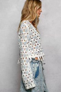 Luna Bloom Openwork Floral Crochet Cardigan with Tassel Hem-Reef Love