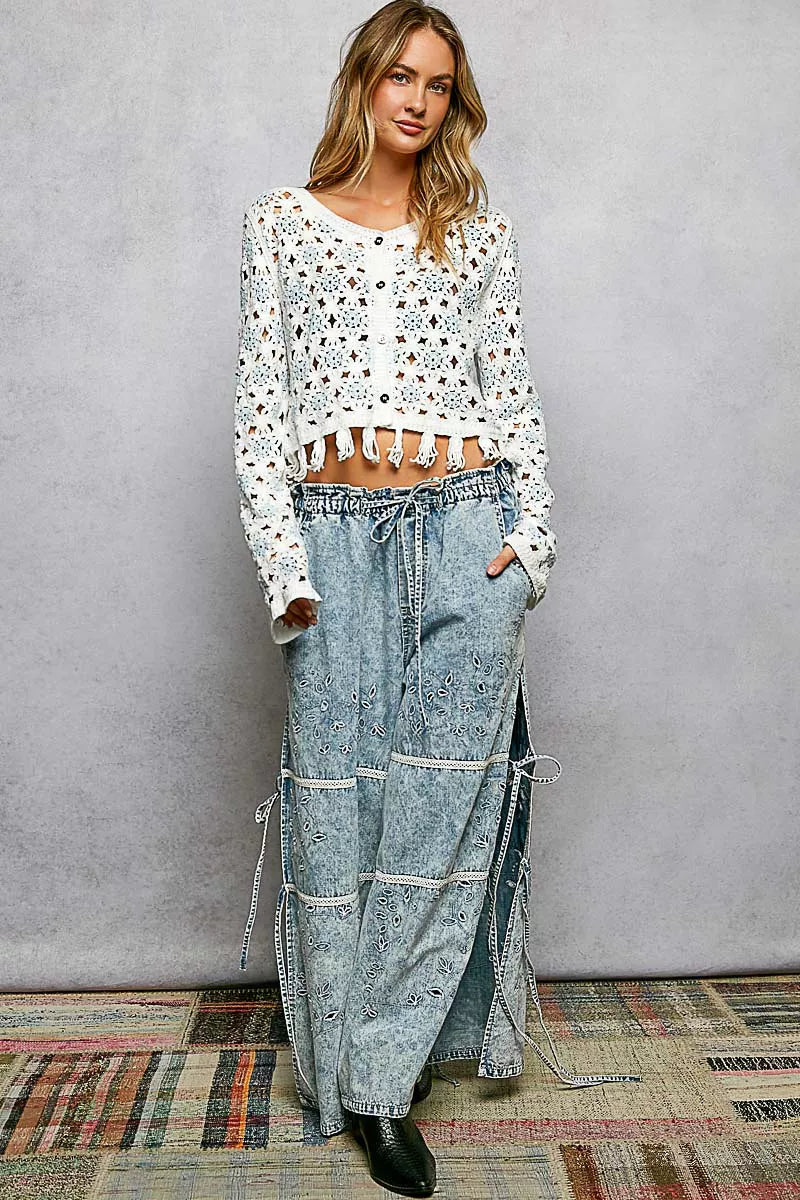 Luna Bloom Openwork Floral Crochet Cardigan with Tassel Hem-Reef Love