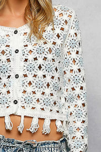 Luna Bloom Openwork Floral Crochet Cardigan with Tassel Hem-Reef Love
