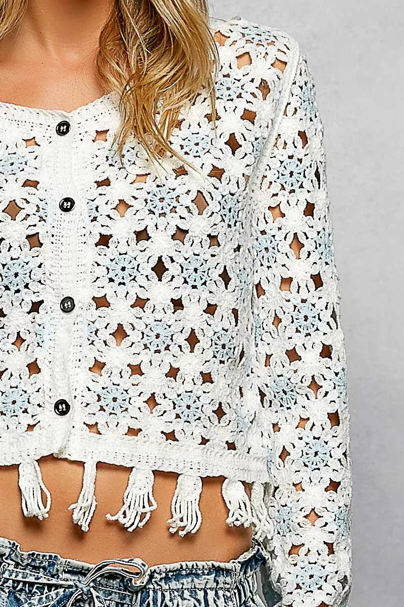 Luna Bloom Openwork Floral Crochet Cardigan with Tassel Hem-Reef Love