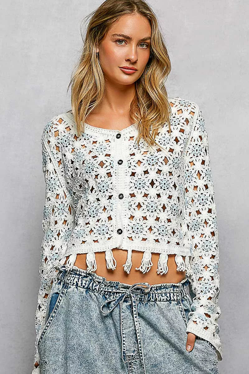 Luna Bloom Openwork Floral Crochet Cardigan with Tassel Hem-Reef Love