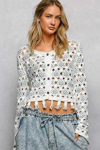 Luna Bloom Openwork Floral Crochet Cardigan with Tassel Hem-Reef Love