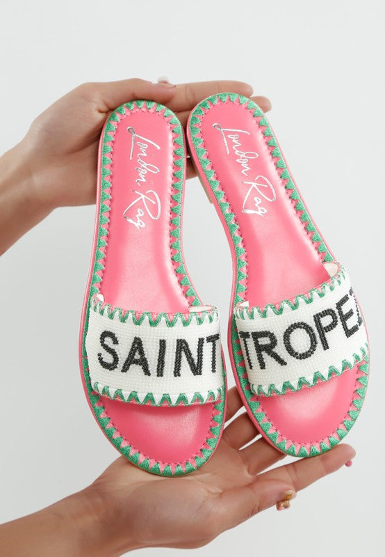 Luxe Getaway Saint Tropez Slip On Flat Sandals-Luxe Getaway Saint Tropez Sandals - Vacation Ready, trendy chic slip on flat sandals, cushion insoles, bead embellishments, perfect for tropical vacations. -Reef Love