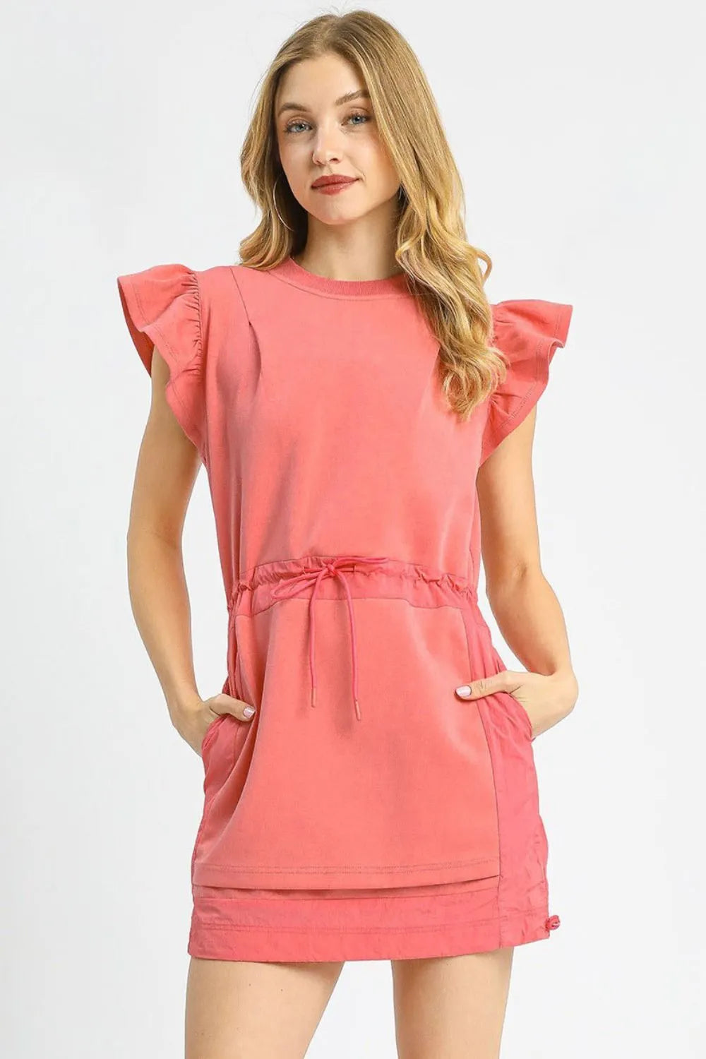 Luxe Knit Ruffle Sleeve Drawstring Mini Dress, Strawberry-This charming coral pink dress features elegant flutter sleeves and a comfortable relaxed fit perfect for casual occasions. Made from soft, breathable fabric.-Reef Love Boho-Chic Boutique