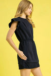 Luxe knit Ruffle Sleeve Drawstring Mini Dress, Navy-This stylish black mini dress features charming ruffle cap sleeves that add a feminine touch to your casual wardrobe. Made from comfortable cotton blend fabric.-Reef Love Boho-Chic Boutique