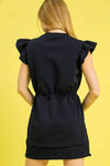 Luxe knit Ruffle Sleeve Drawstring Mini Dress, Navy-This stylish black mini dress features charming ruffle cap sleeves that add a feminine touch to your casual wardrobe. Made from comfortable cotton blend fabric.-Reef Love Boho-Chic Boutique