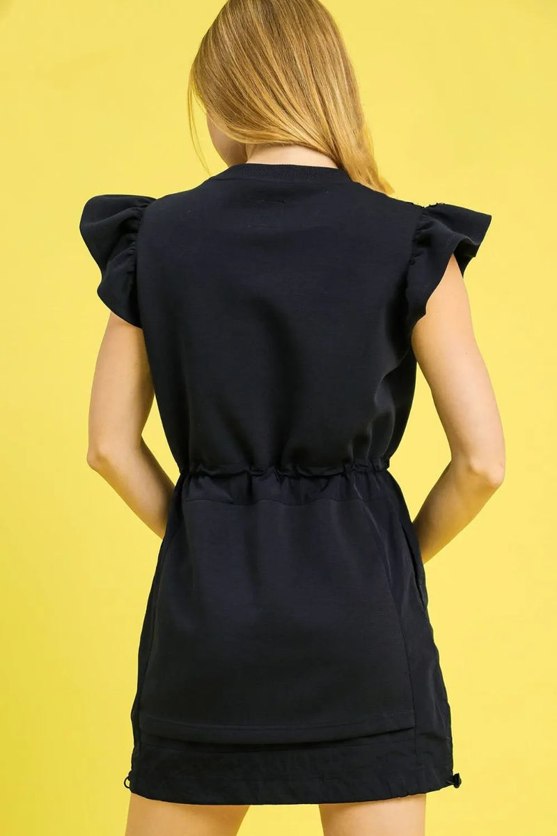 Luxe knit Ruffle Sleeve Drawstring Mini Dress, Navy-This stylish black mini dress features charming ruffle cap sleeves that add a feminine touch to your casual wardrobe. Made from comfortable cotton blend fabric.-Reef Love Boho-Chic Boutique