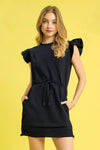 Luxe knit Ruffle Sleeve Drawstring Mini Dress, Navy-This stylish black mini dress features charming ruffle cap sleeves that add a feminine touch to your casual wardrobe. Made from comfortable cotton blend fabric.-Reef Love Boho-Chic Boutique