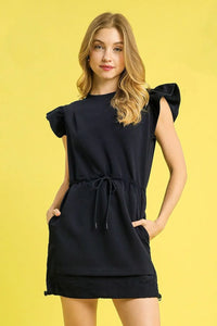 Luxe knit Ruffle Sleeve Drawstring Mini Dress, Navy-This stylish black mini dress features charming ruffle cap sleeves that add a feminine touch to your casual wardrobe. Made from comfortable cotton blend fabric.-Reef Love Boho-Chic Boutique