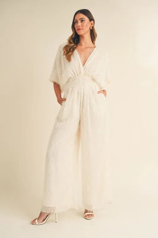 MABLE Fluffy Deep V Neck Wide Leg Jumpsuit-A fluffy deep V-neck wide leg jumpsuit is a chic statement piece for your wardrobe. The fluffy fabric adds a touch of luxury and texture to the outfit-Reef Love Boho-Chic Boutique