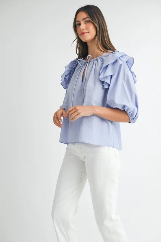 Womens Light Blue and White Stripe Ruffle Shoulder Puff Sleeve Blouse - by Reef Love