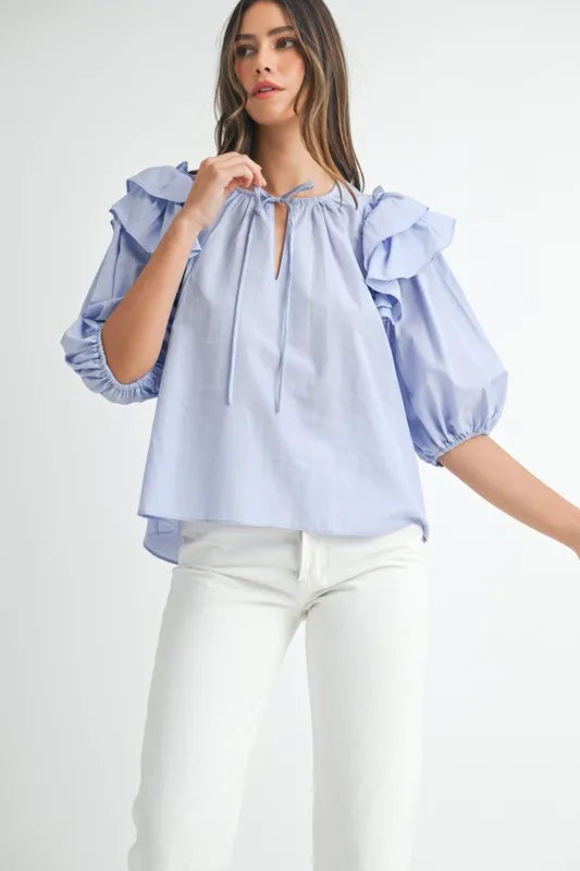 Womens Light Blue and White Stripe Ruffle Shoulder Puff Sleeve Blouse - by Reef Love