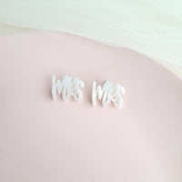 Shop MRS Stud Earrings-Celebrate your “Mrs” moment with lightweight calligraphy stud earrings. Perfect for brides, bachelorettes, honeymoons & anniversaries. Stainless steel posts.-available at Reef Love online boho-chic boutique