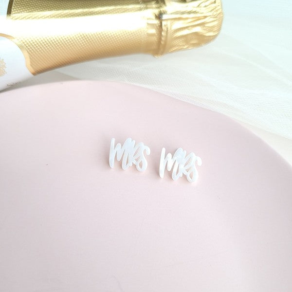Shop MRS Stud Earrings-Celebrate your “Mrs” moment with lightweight calligraphy stud earrings. Perfect for brides, bachelorettes, honeymoons & anniversaries. Stainless steel posts.-available at Reef Love online boho-chic boutique