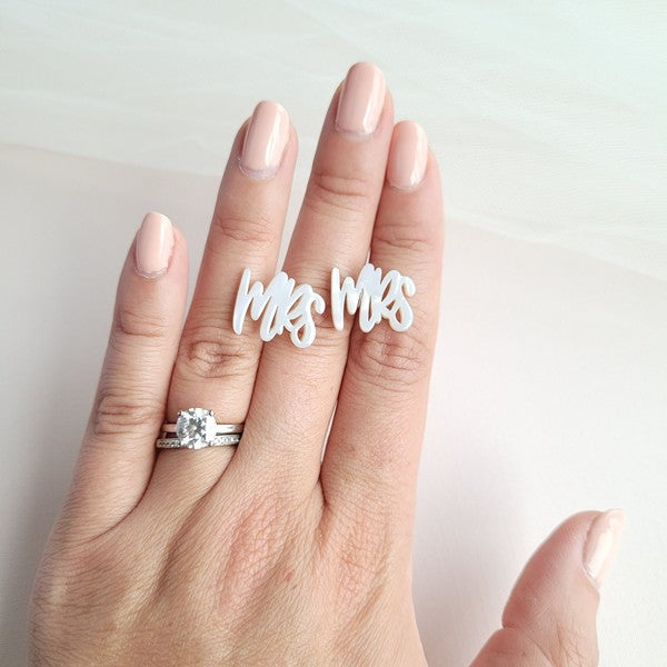 Shop MRS Stud Earrings-Celebrate your “Mrs” moment with lightweight calligraphy stud earrings. Perfect for brides, bachelorettes, honeymoons & anniversaries. Stainless steel posts.-available at Reef Love online boho-chic boutique
