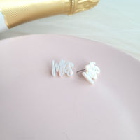 Shop MRS Stud Earrings-Celebrate your “Mrs” moment with lightweight calligraphy stud earrings. Perfect for brides, bachelorettes, honeymoons & anniversaries. Stainless steel posts.-available at Reef Love online boho-chic boutique