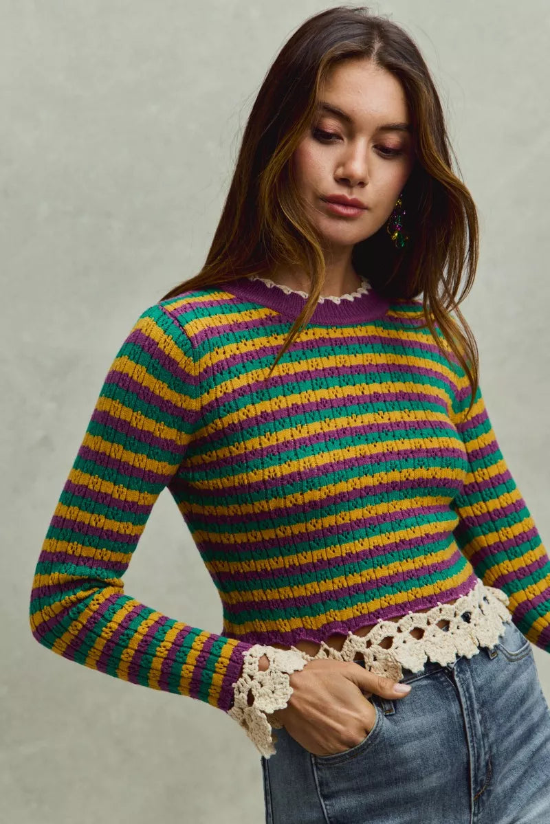 Mardi Gras Striped Cropped Knit Top with Crochet Edge-Reef Love
