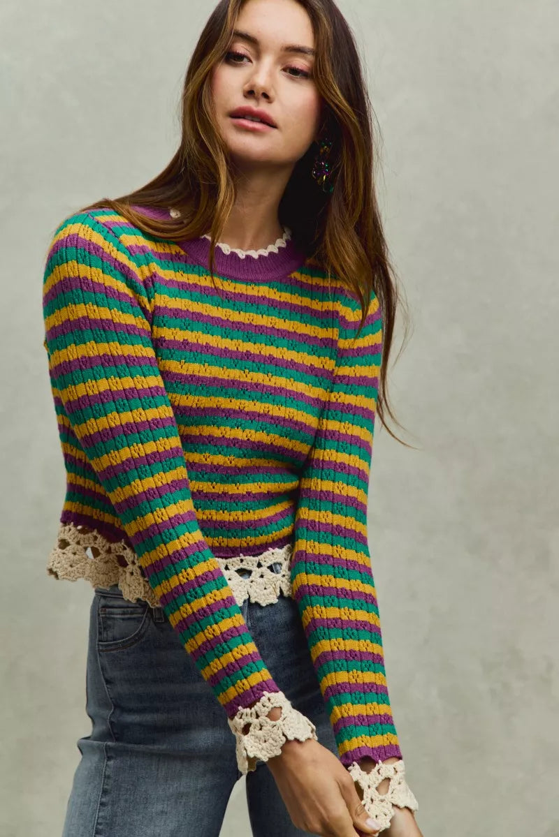 Mardi Gras Striped Cropped Knit Top with Crochet Edge-Reef Love