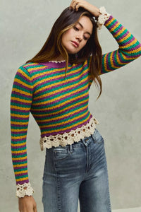 Mardi Gras Striped Cropped Knit Top with Crochet Edge-Reef Love