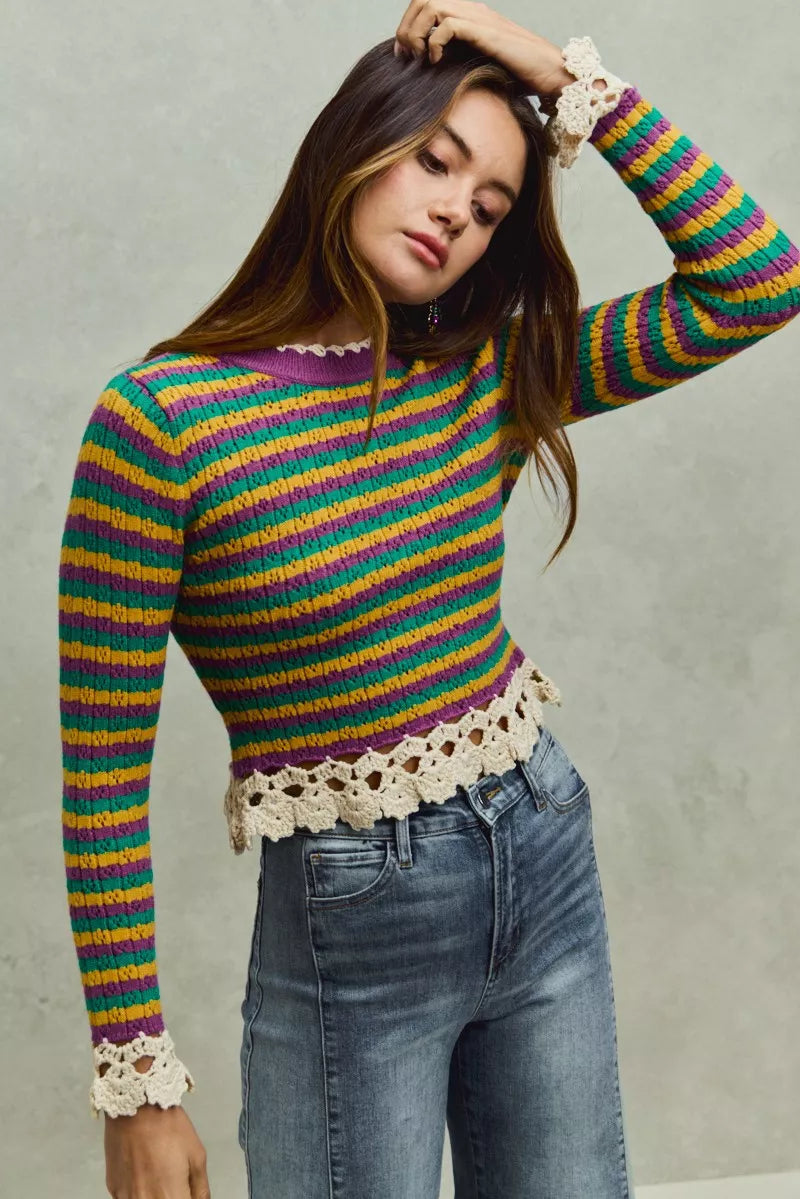 Mardi Gras Striped Cropped Knit Top with Crochet Edge-Reef Love
