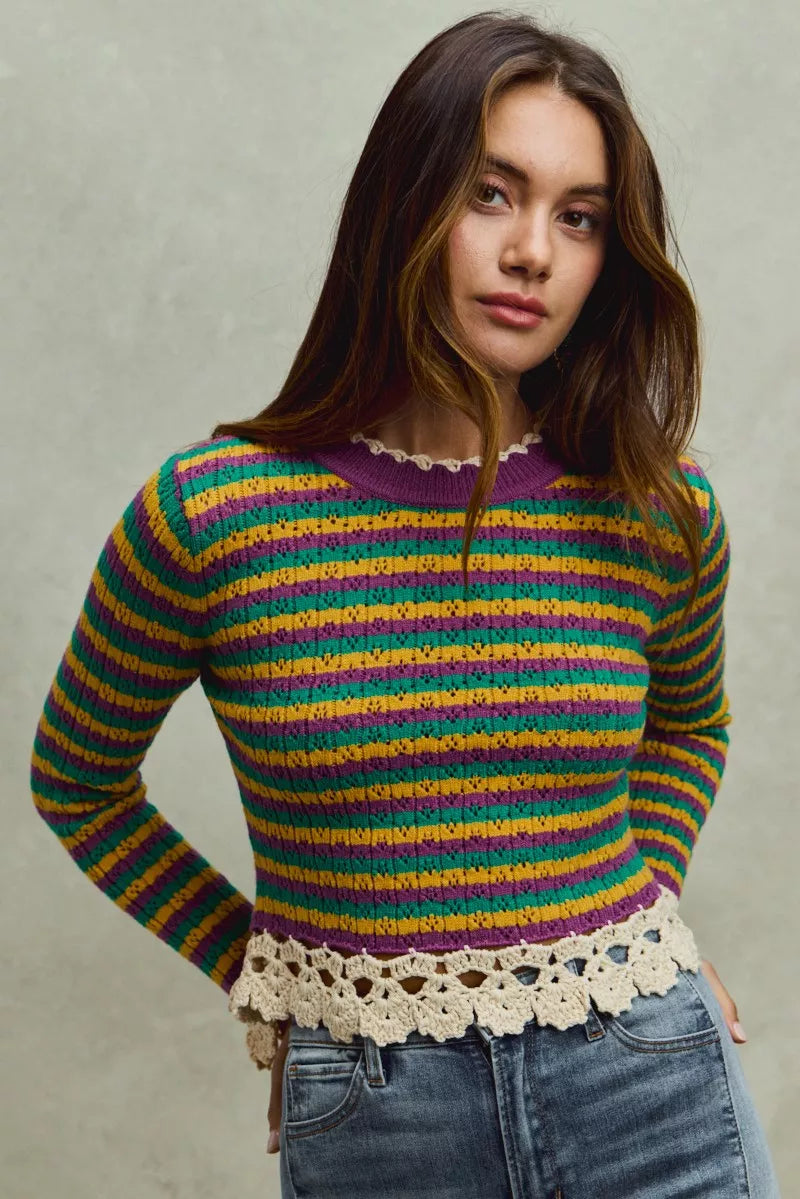 Mardi Gras Striped Cropped Knit Top with Crochet Edge-Reef Love