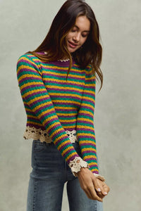 Mardi Gras Striped Cropped Knit Top with Crochet Edge-Reef Love