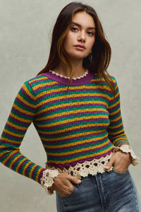 Mardi Gras Striped Cropped Knit Top with Crochet Edge-Reef Love