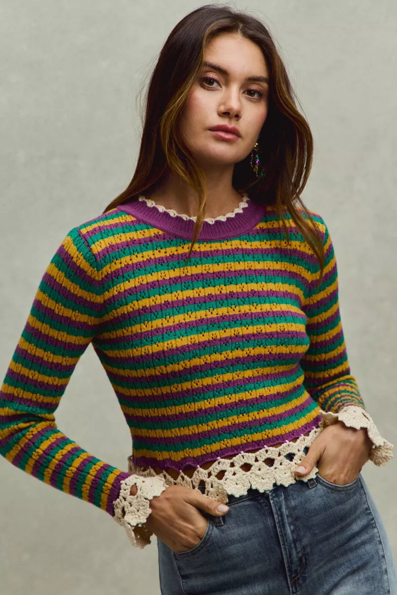 Mardi Gras Striped Cropped Knit Top with Crochet Edge-Reef Love