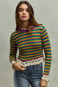 Mardi Gras Striped Cropped Knit Top with Crochet Edge-Reef Love