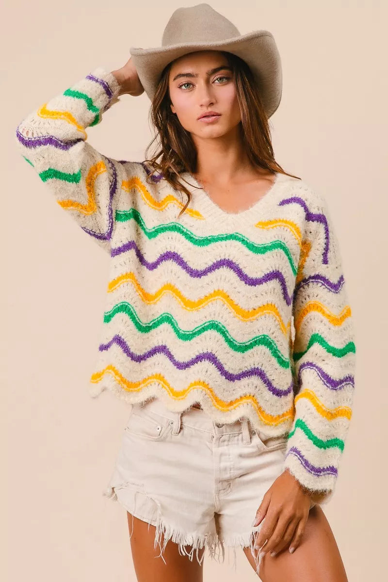 Mardi Gras Wavy Stripes V-Neck Sweater