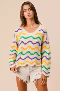 Mardi Gras Wavy Stripes V-Neck Sweater